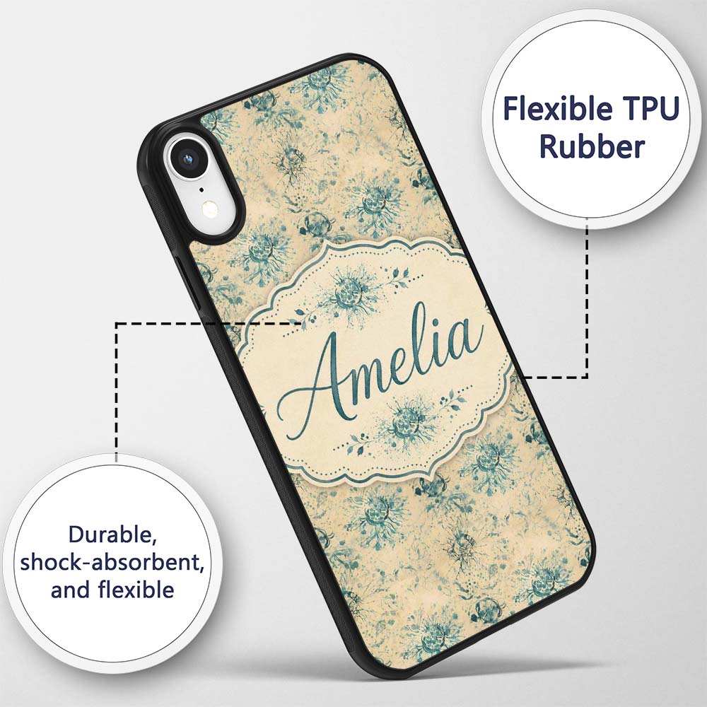 Abstract Botanical Ink Splash Pattern in Teal on Custom Name Protective Phone Case Mobile Cover Durable Everyday Smartphone Shock Resistant