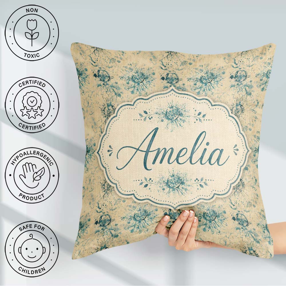 Custom Name Abstract Botanical Ink Pattern in Teal on Aged Beige Square Filled Cushion Throw Pillow Sofa Bed Home Decor Zip Washable UK Made