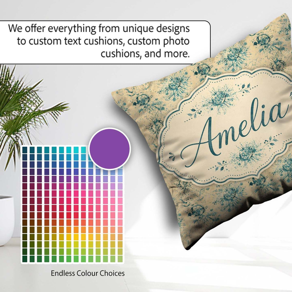 Custom Name Abstract Botanical Ink Pattern in Teal on Aged Beige Square Filled Cushion Throw Pillow Sofa Bed Home Decor Zip Washable UK Made