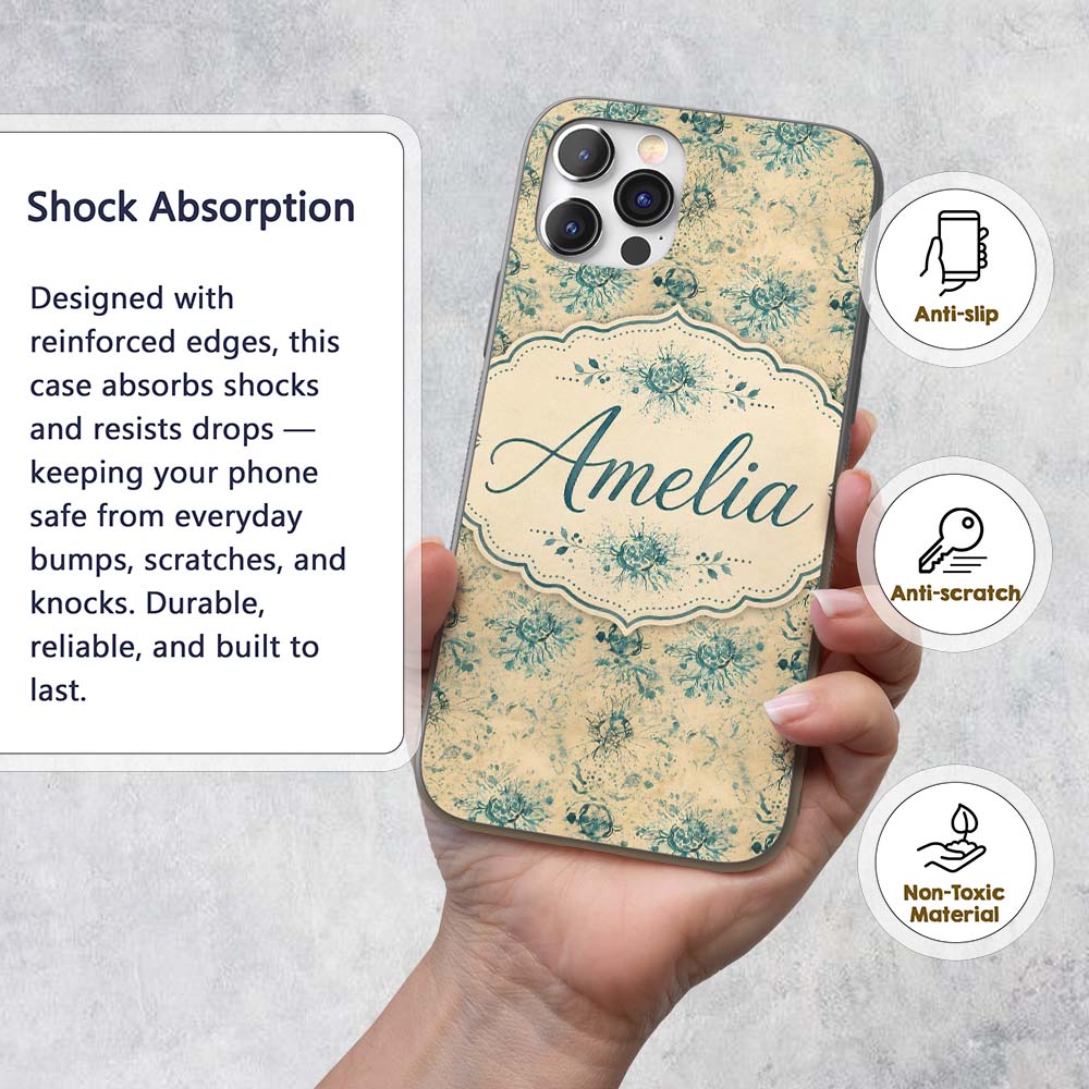 Abstract Botanical Ink Splash Pattern in Teal on Custom Name Protective Phone Case Mobile Cover Durable Everyday Smartphone Shock Resistant