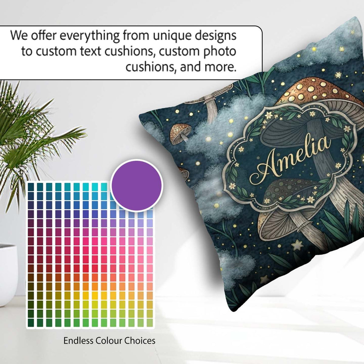 Custom Name Mushrooms Night Sky Magical Forest Seamless Pattern Square Filled Cushion Throw Pillow Sofa Bed Home Decor Zip Washable UK Made