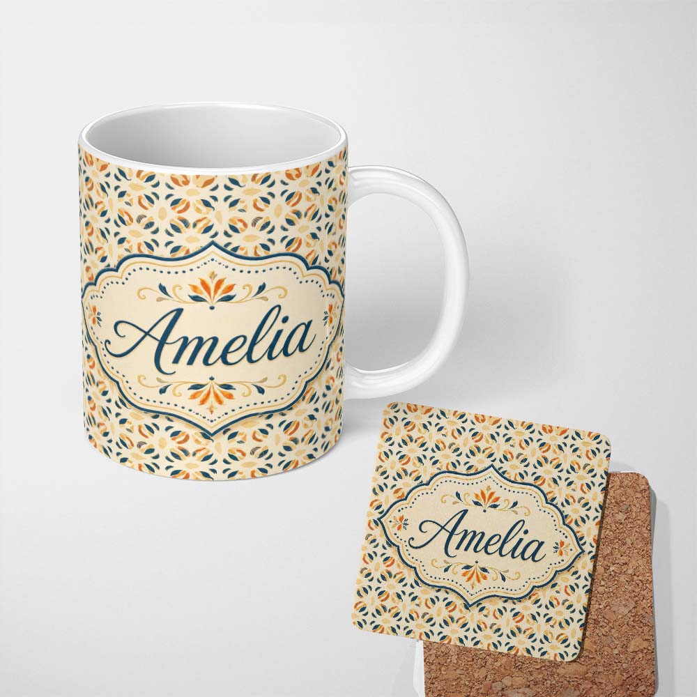 Personalized Custom Name Modern Organic Leaf and Petal Pattern in Warm Neutrals Blue Accents 11oz Ceramic Coffee Tea Mug White Large Handle