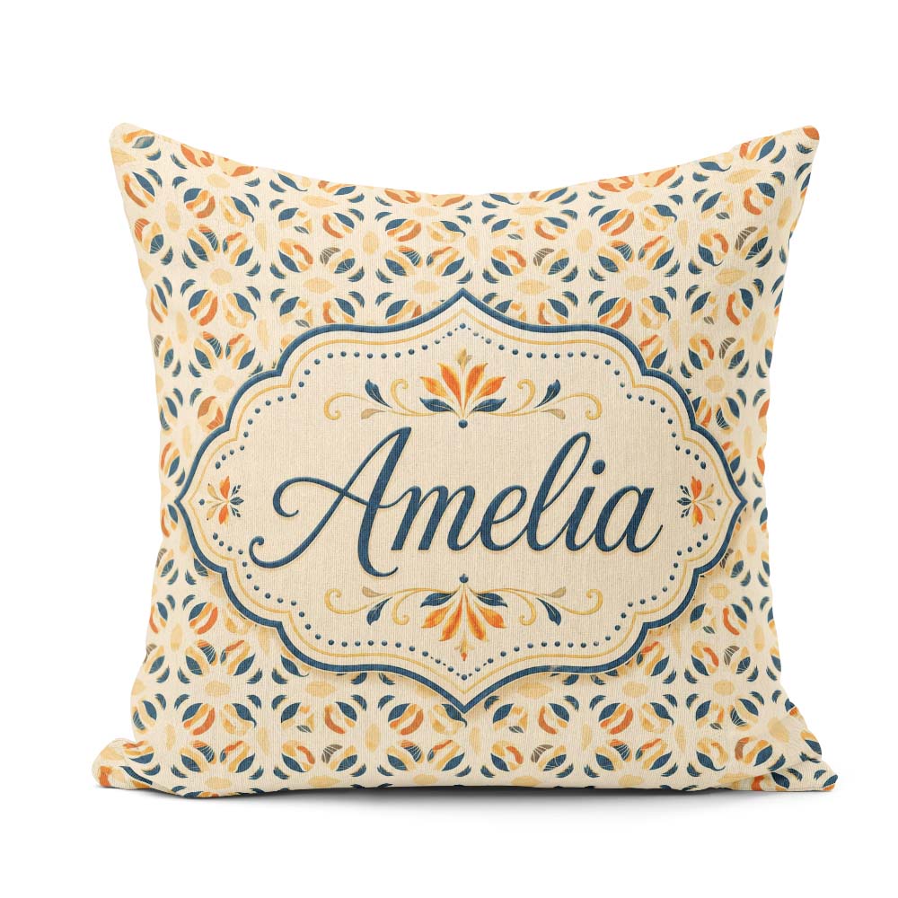 Custom Name Organic Leaf and Petal Pattern in Warm Neutrals Blue Square Filled Cushion Throw Pillow Sofa Bed Home Decor Zip Washable UK Made