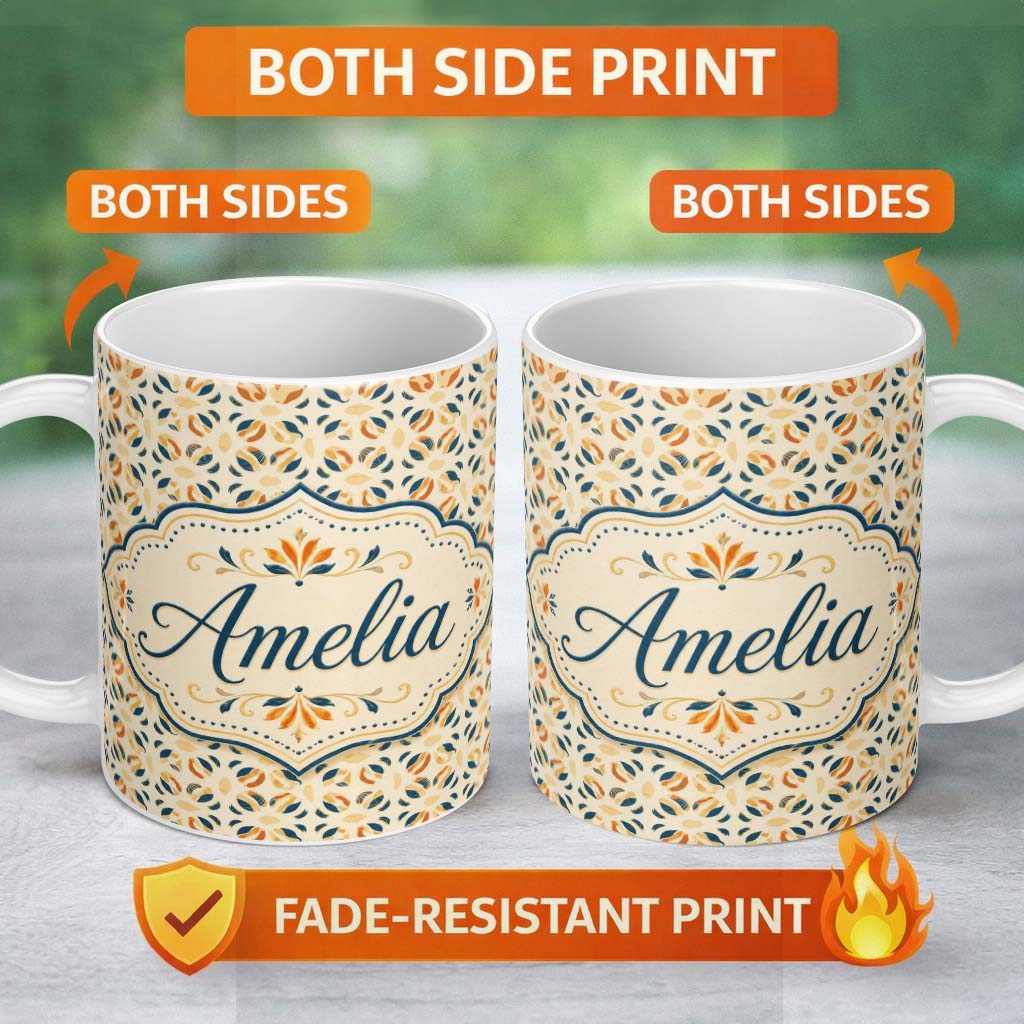 Personalized Custom Name Modern Organic Leaf and Petal Pattern in Warm Neutrals Blue Accents 11oz Ceramic Coffee Tea Mug White Large Handle