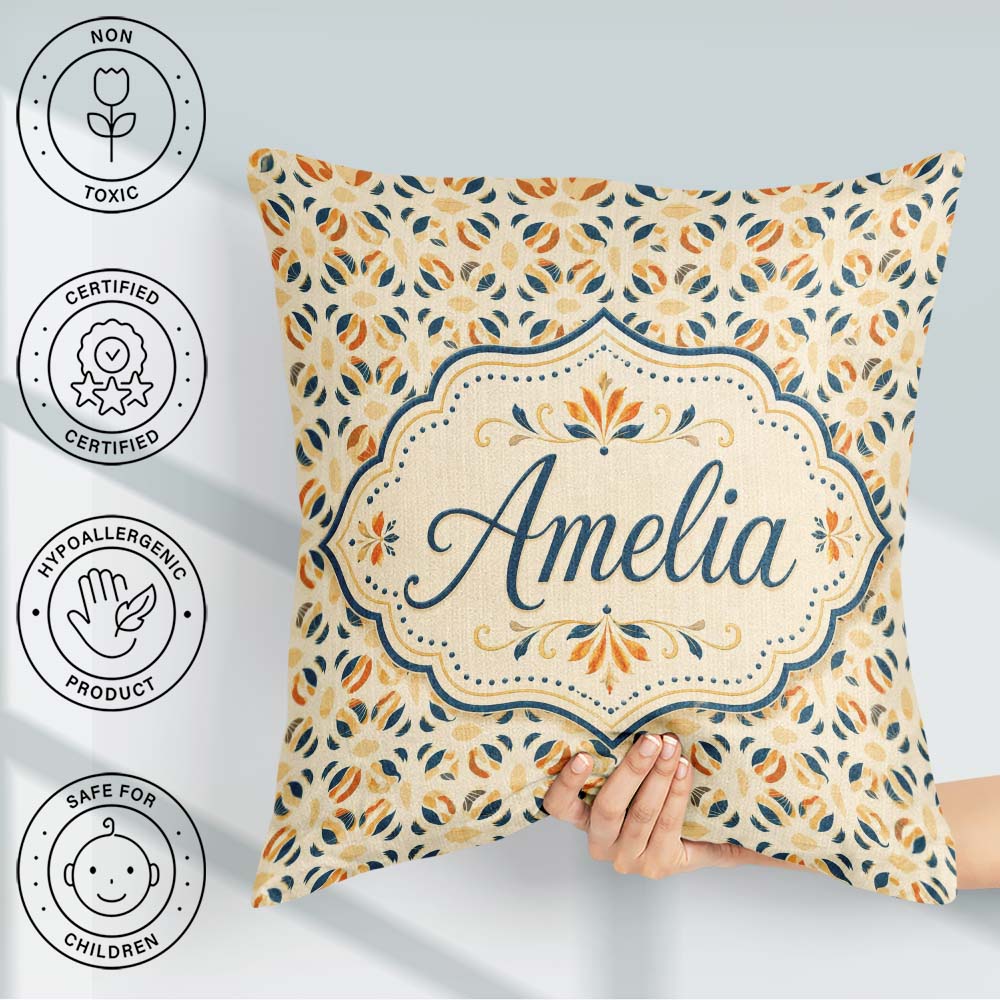 Custom Name Organic Leaf and Petal Pattern in Warm Neutrals Blue Square Filled Cushion Throw Pillow Sofa Bed Home Decor Zip Washable UK Made