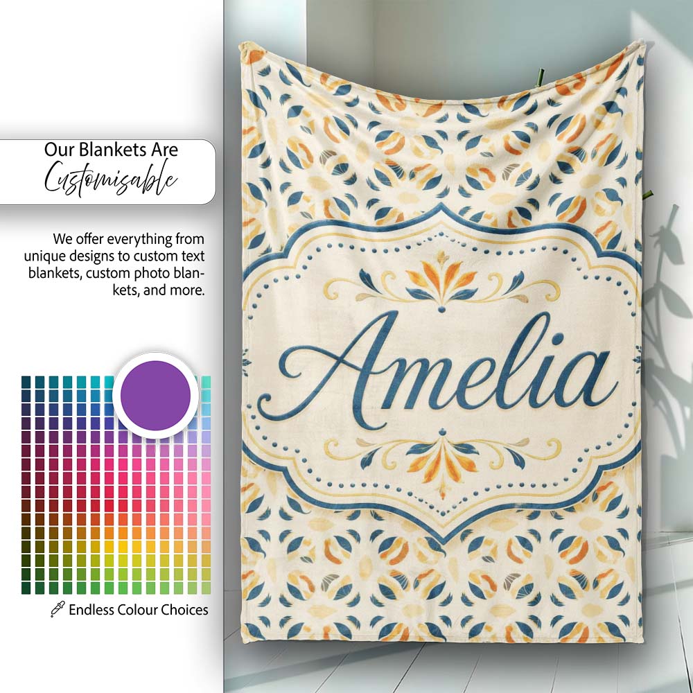 Modern Organic Leaf and Petal Pattern in Warm Neutrals Blue Accents Personalised Custom Name Super Soft Fleece Blanket Bed Sofa Throw
