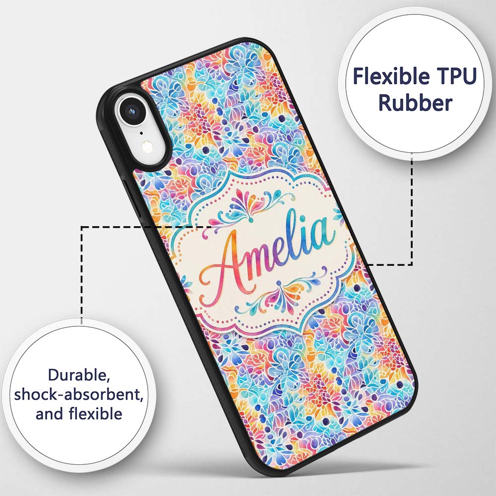 Vibrant Rainbow Floral Abstract Pattern with Bold Custom Name Protective Phone Case Mobile Cover Durable Everyday Smartphone Shock Resistant