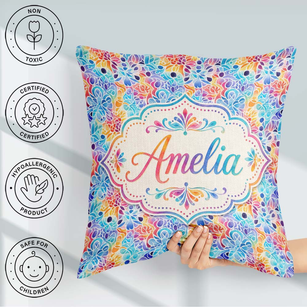 Custom Name Vibrant Rainbow Floral Pattern with Bold Multicolour Square Filled Cushion Throw Pillow Sofa Bed Home Decor Zip Washable UK Made