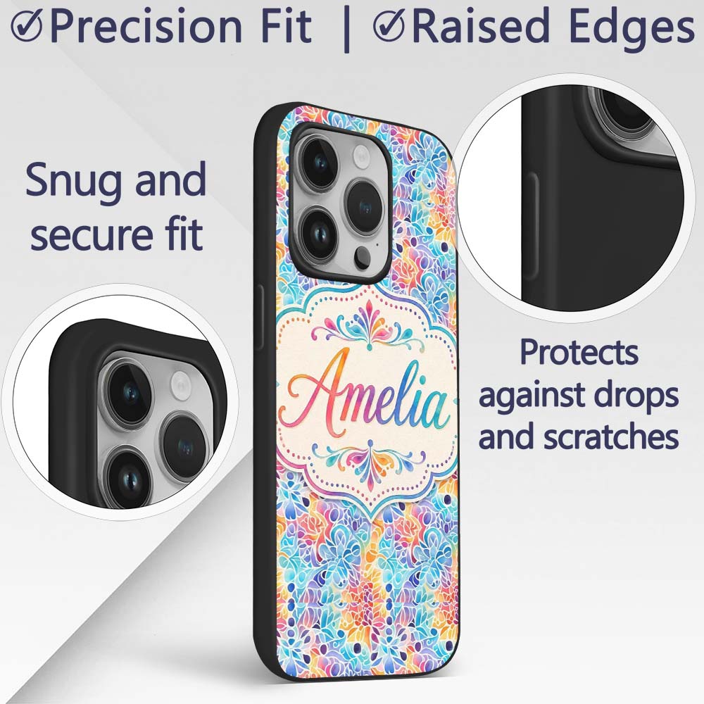 Vibrant Rainbow Floral Abstract Pattern with Bold Custom Name Protective Phone Case Mobile Cover Durable Everyday Smartphone Shock Resistant