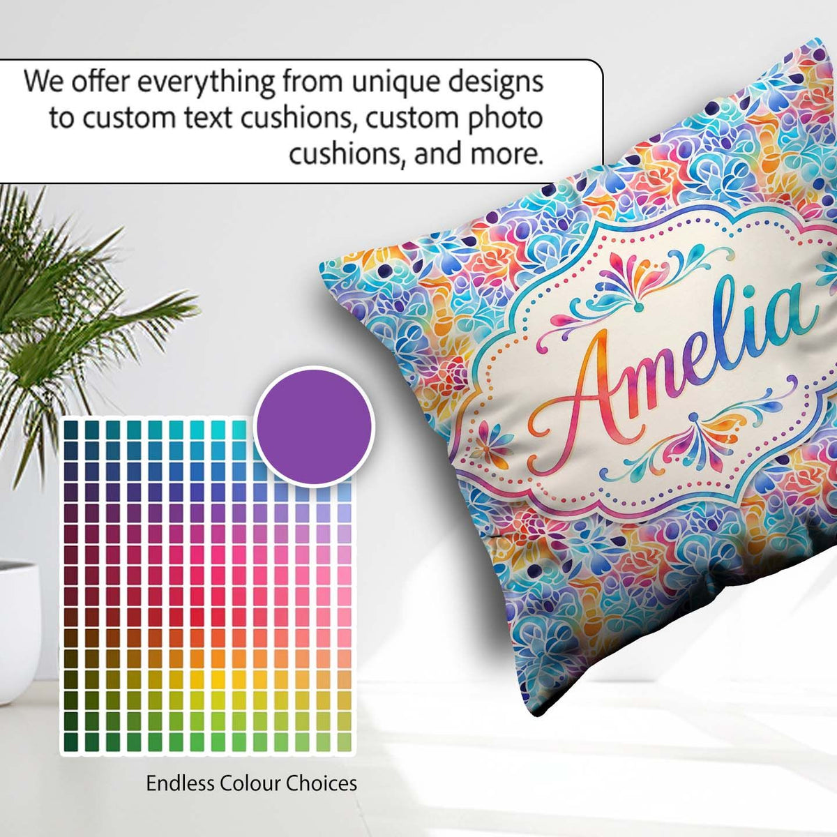 Custom Name Vibrant Rainbow Floral Pattern with Bold Multicolour Square Filled Cushion Throw Pillow Sofa Bed Home Decor Zip Washable UK Made