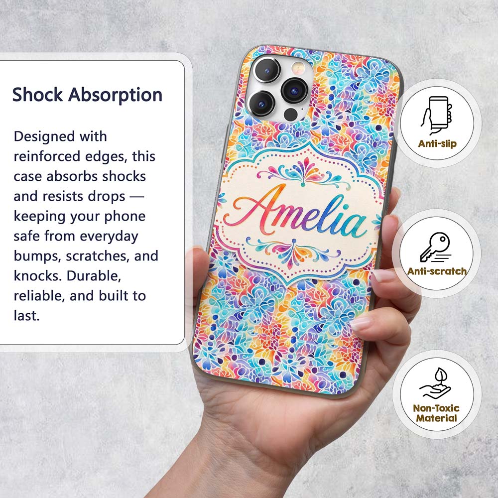 Vibrant Rainbow Floral Abstract Pattern with Bold Custom Name Protective Phone Case Mobile Cover Durable Everyday Smartphone Shock Resistant