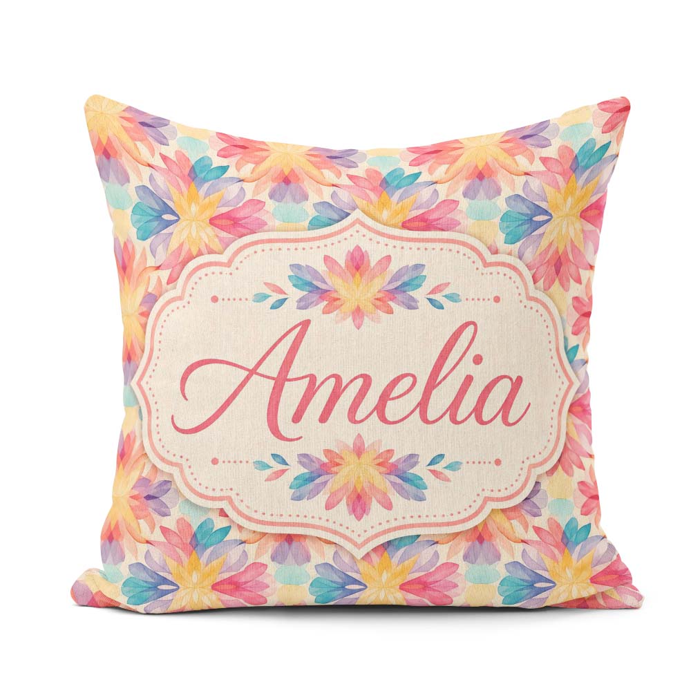 Custom Name Soft Floral Burst Pattern in Pastel Pink Yellow and Square Filled Cushion Throw Pillow Sofa Bed Home Decor Zip Washable UK Made