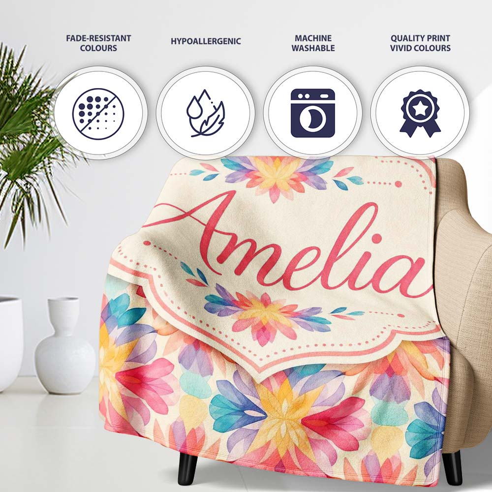 Soft Watercolour Floral Burst Pattern in Pastel Pink Yellow and Personalised Custom Name Super Soft Fleece Blanket Bed Sofa Throw