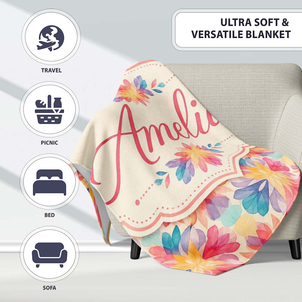 Soft Watercolour Floral Burst Pattern in Pastel Pink Yellow and Personalised Custom Name Super Soft Fleece Blanket Bed Sofa Throw