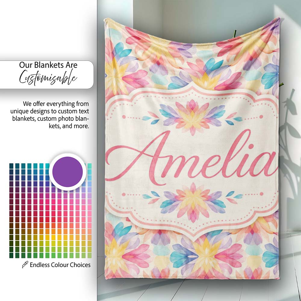 Soft Watercolour Floral Burst Pattern in Pastel Pink Yellow and Personalised Custom Name Super Soft Fleece Blanket Bed Sofa Throw