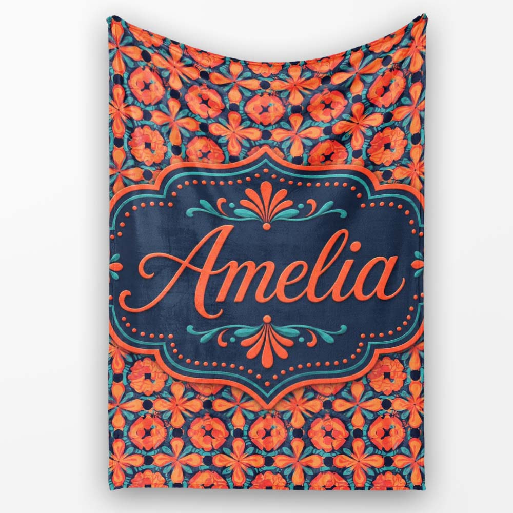 Bold Floral Tile Pattern in Orange and Teal Geometric Style Name Personalised Custom Name Super Soft Fleece Blanket Bed Sofa Throw