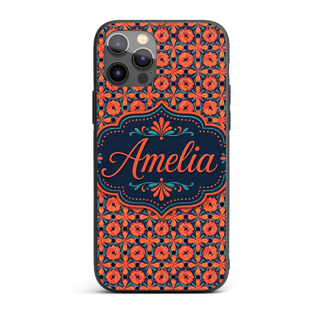 Bold Floral Tile Pattern in Orange Printed Design Custom Name Protective Phone Case Mobile Cover Durable Everyday Smartphone Shock Resistant