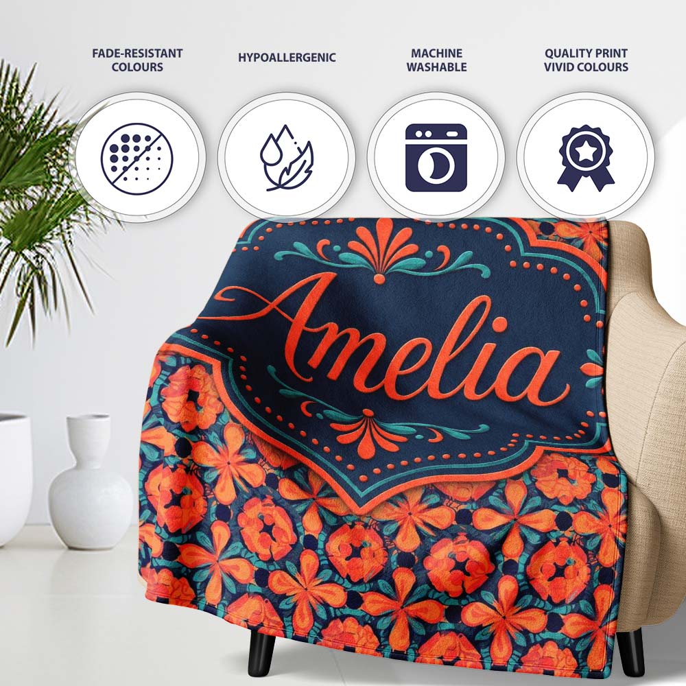 Bold Floral Tile Pattern in Orange and Teal Geometric Style Name Personalised Custom Name Super Soft Fleece Blanket Bed Sofa Throw