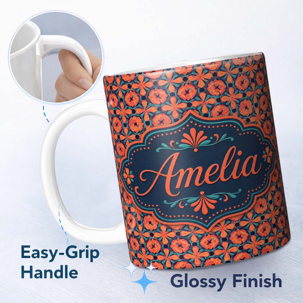 Personalized Custom Name Bold Floral Tile Pattern in Orange and Teal Geometric Style Name 11oz Ceramic Coffee Tea Mug White Large Handle