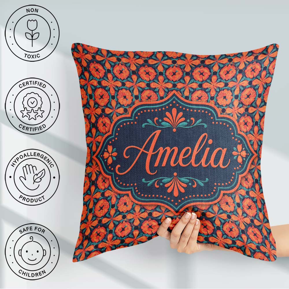 Custom Name Bold Floral Tile Pattern in and Teal Geometric Style Square Filled Cushion Throw Pillow Sofa Bed Home Decor Zip Washable UK Made