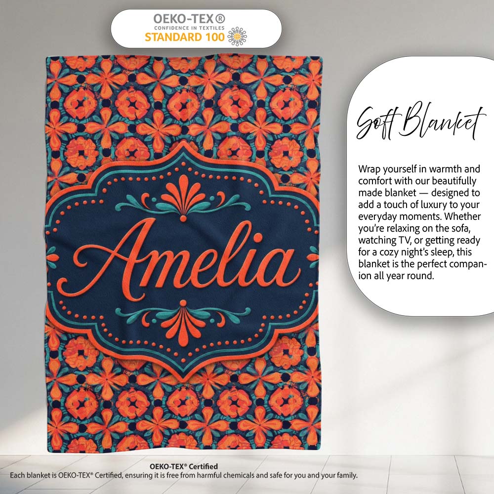 Bold Floral Tile Pattern in Orange and Teal Geometric Style Name Personalised Custom Name Super Soft Fleece Blanket Bed Sofa Throw