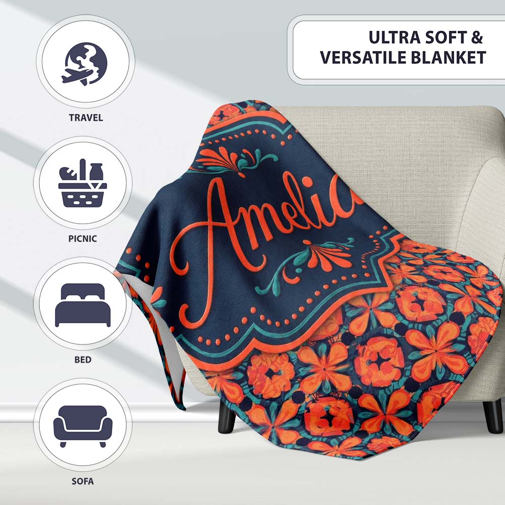 Bold Floral Tile Pattern in Orange and Teal Geometric Style Name Personalised Custom Name Super Soft Fleece Blanket Bed Sofa Throw