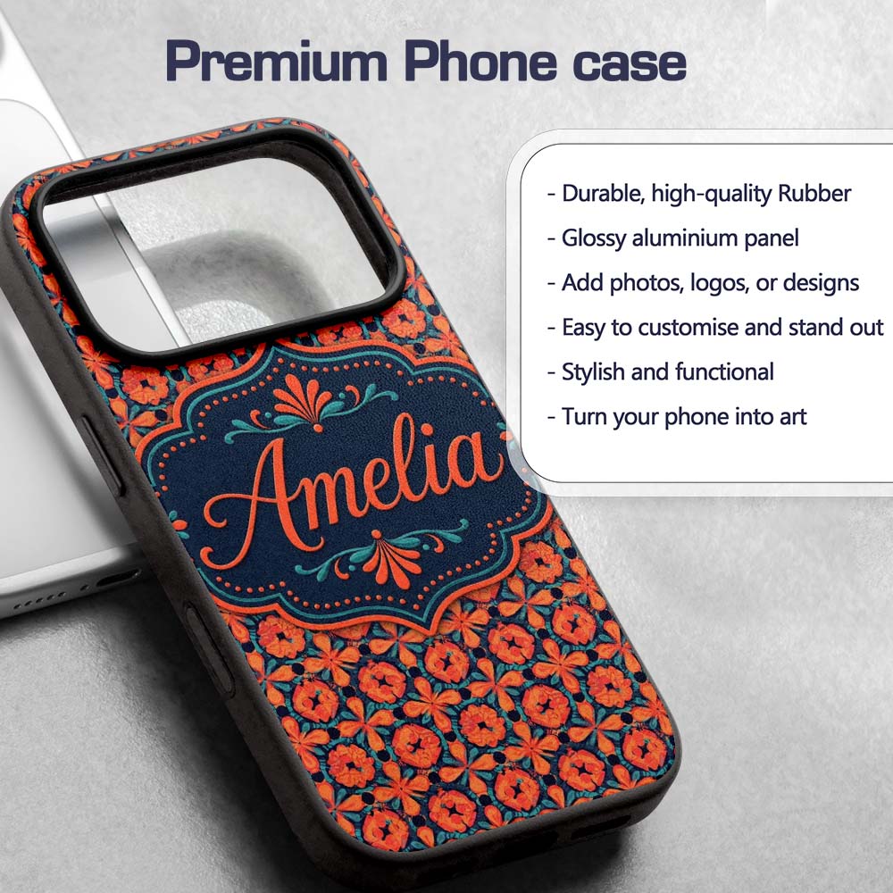 Bold Floral Tile Pattern in Orange Printed Design Custom Name Protective Phone Case Mobile Cover Durable Everyday Smartphone Shock Resistant