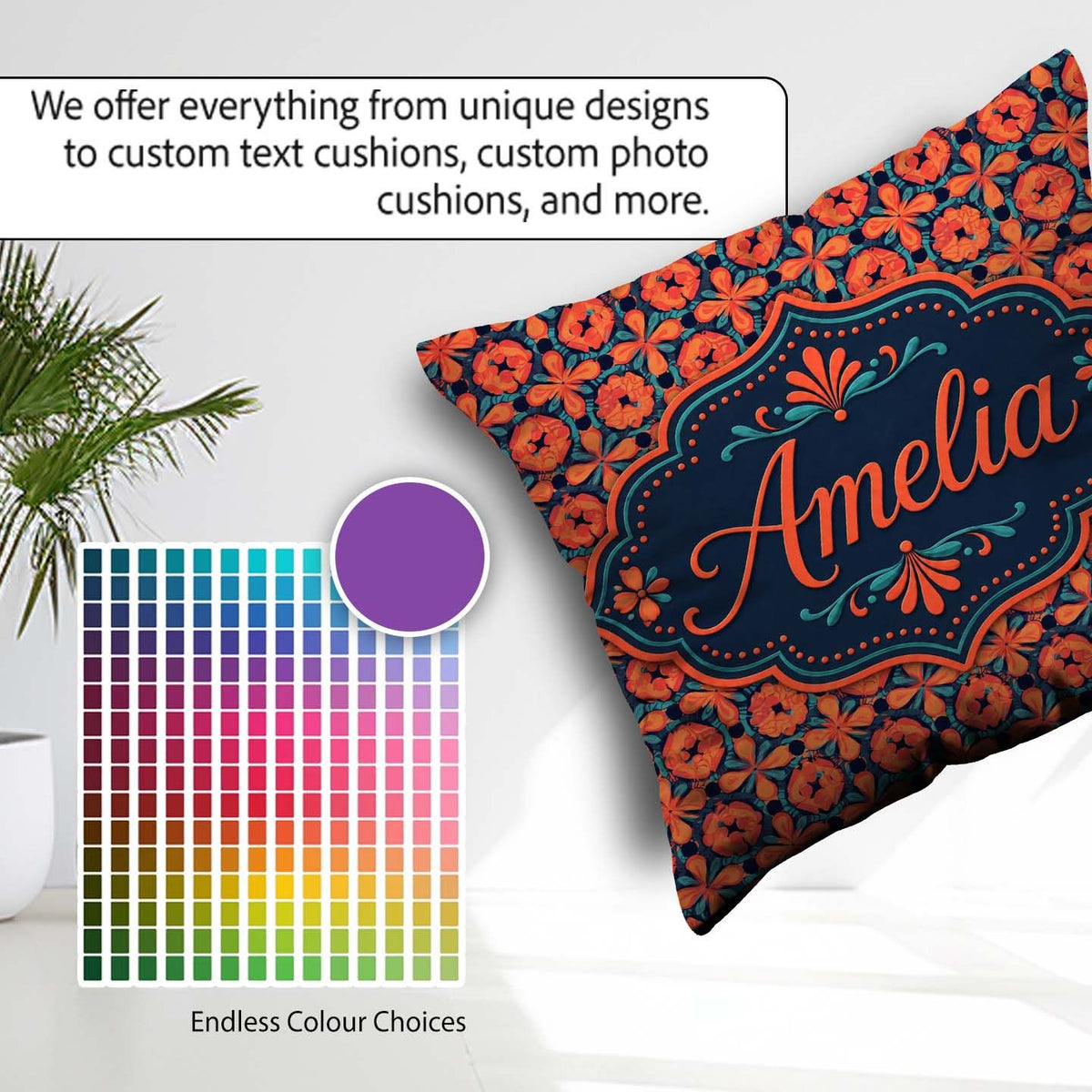 Custom Name Bold Floral Tile Pattern in and Teal Geometric Style Square Filled Cushion Throw Pillow Sofa Bed Home Decor Zip Washable UK Made