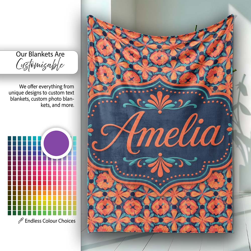 Bold Floral Tile Pattern in Orange and Teal Geometric Style Name Personalised Custom Name Super Soft Fleece Blanket Bed Sofa Throw