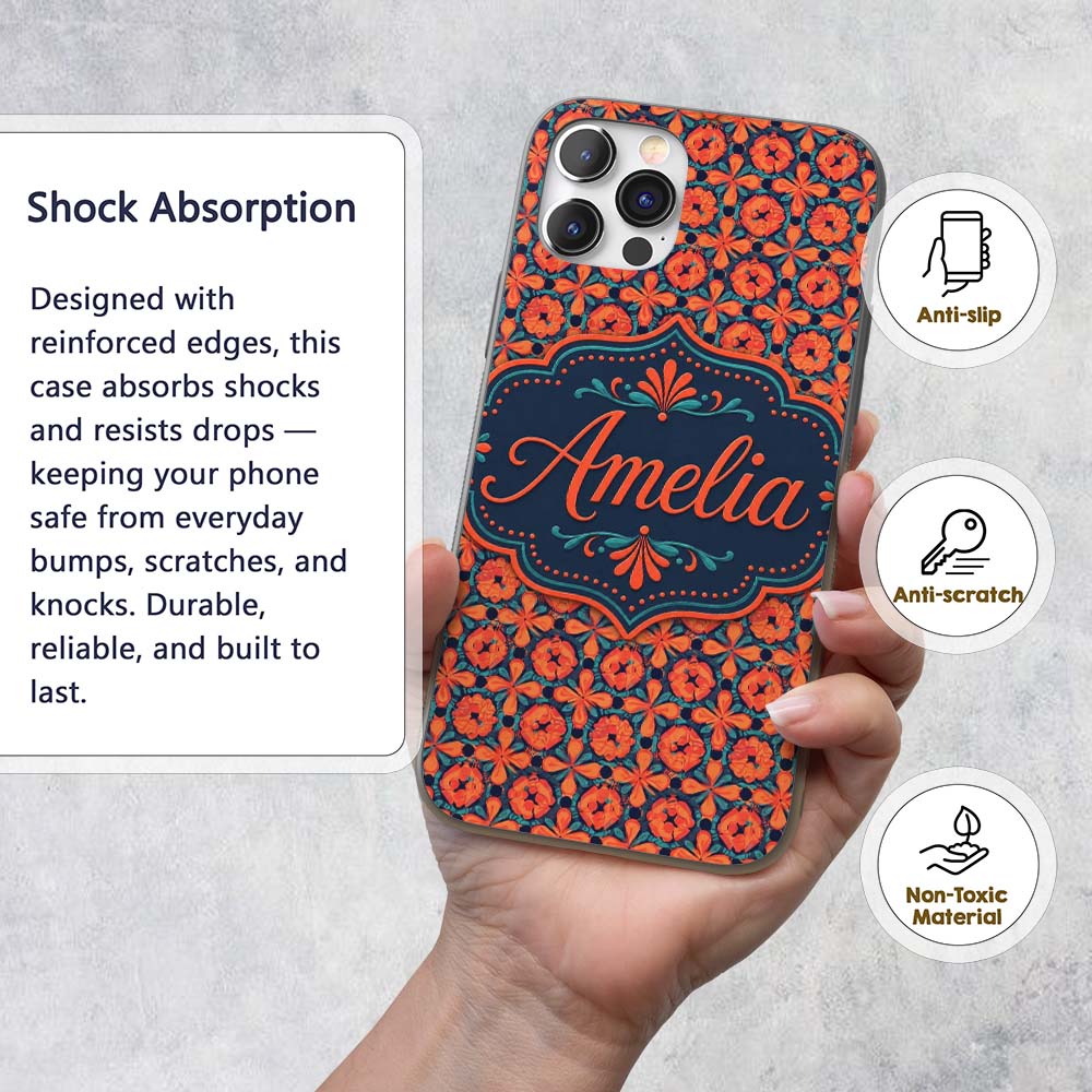 Bold Floral Tile Pattern in Orange Printed Design Custom Name Protective Phone Case Mobile Cover Durable Everyday Smartphone Shock Resistant