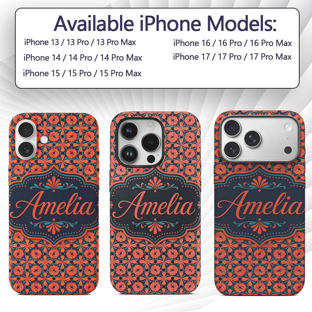 Bold Floral Tile Pattern in Orange Printed Design Custom Name Protective Phone Case Mobile Cover Durable Everyday Smartphone Shock Resistant