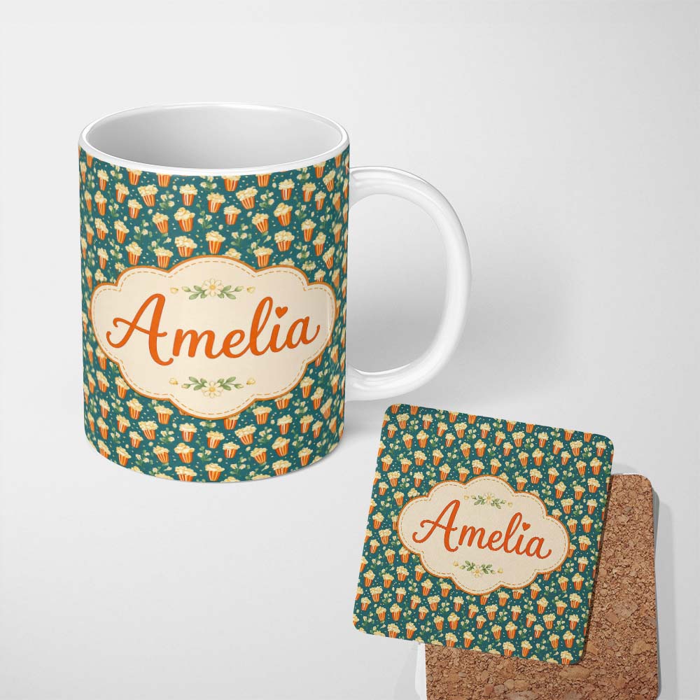 Personalized Custom Name Popcorn Buckets and Flowers Cute Seamless Pattern Dark Teal Lovely 11oz Ceramic Coffee Tea Mug White Large Handle