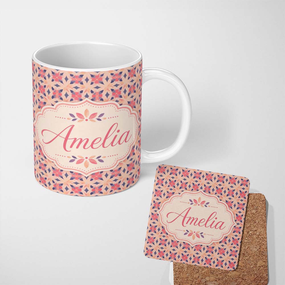 Personalized Custom Name Elegant Geometric Floral Star Pattern in Blush Pink and Navy Tones 11oz Ceramic Coffee Tea Mug White Large Handle