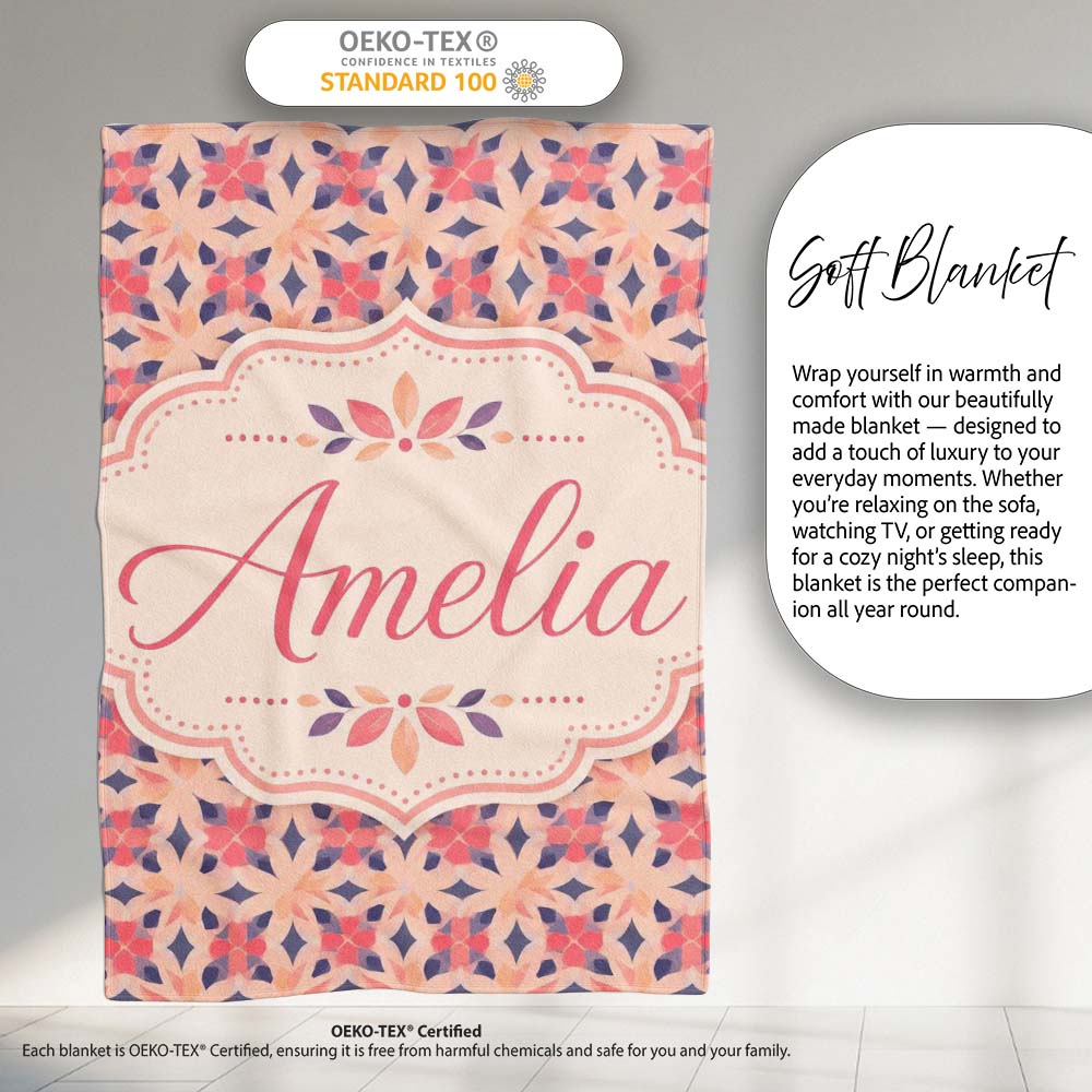 Elegant Geometric Floral Star Pattern in Blush Pink and Navy Tones Personalised Custom Name Super Soft Fleece Blanket Bed Sofa Throw