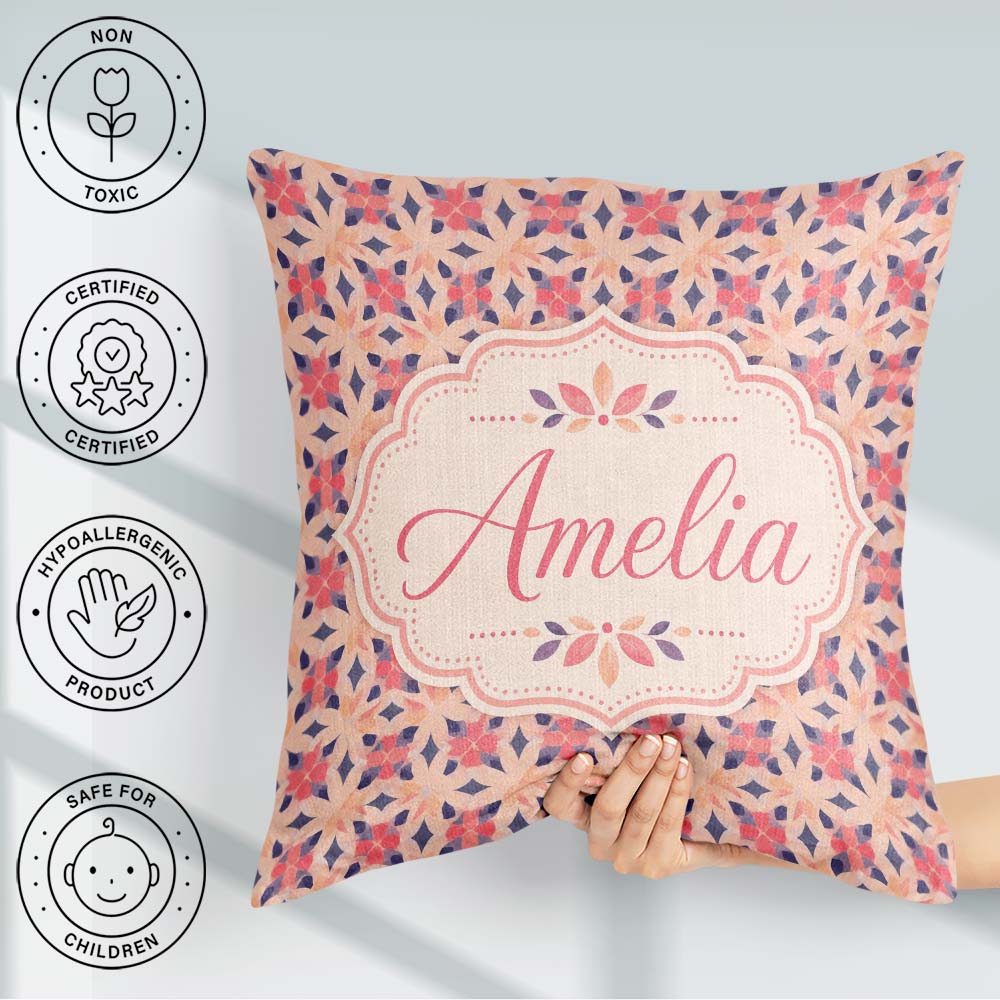 Custom Name Elegant Geometric Floral Star in Blush Pink and Navy Square Filled Cushion Throw Pillow Sofa Bed Home Decor Zip Washable UK Made