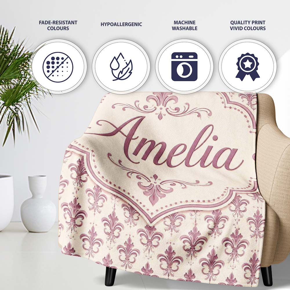Classic Fleur de Lis Pattern in Mauve on Cream Vintage Style Name Personalised Custom Name Super Soft Fleece Blanket Bed Sofa Throw