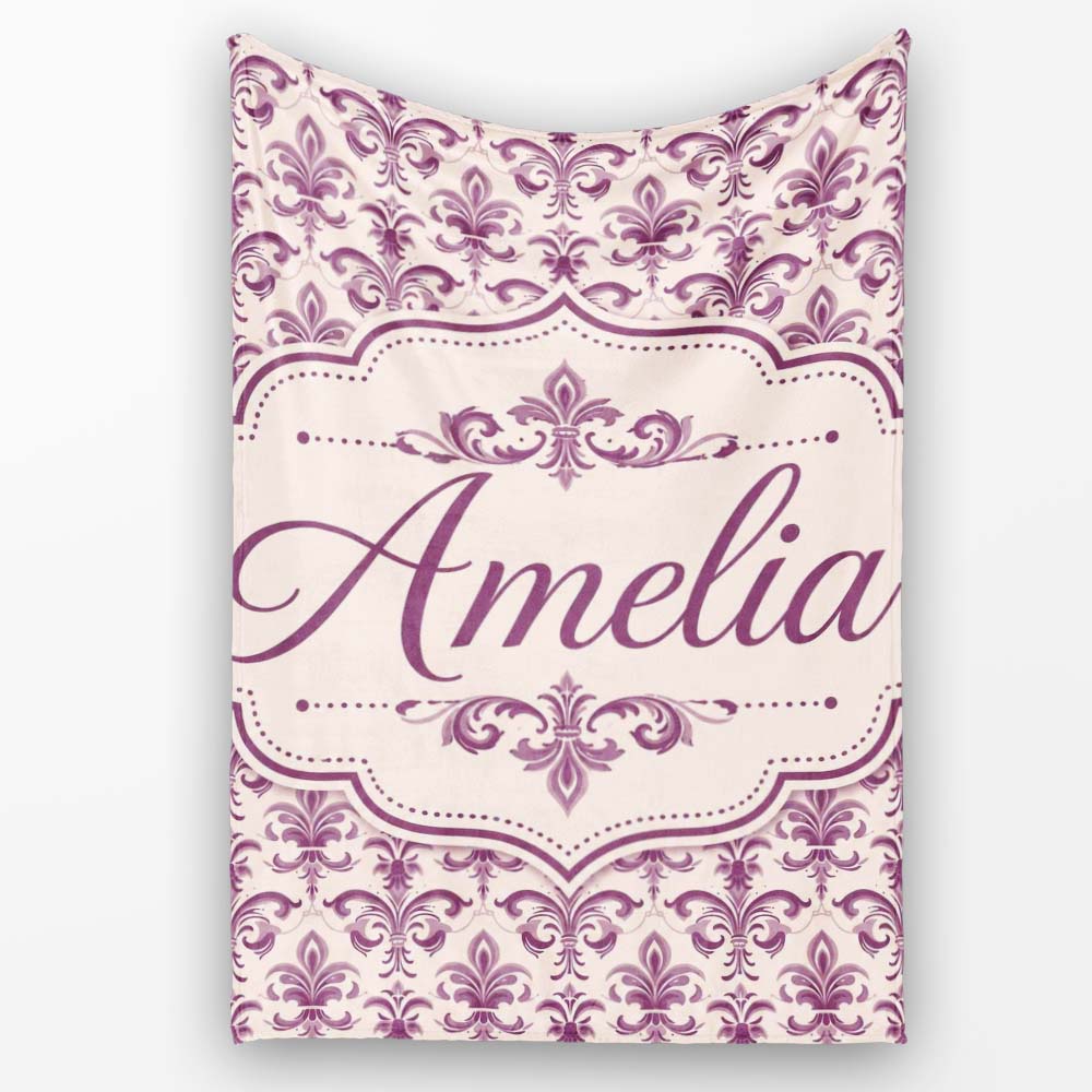 Ornate Baroque Fleur de Lis Pattern in Deep Plum on Neutral Personalised Custom Name Super Soft Fleece Blanket Bed Sofa Throw