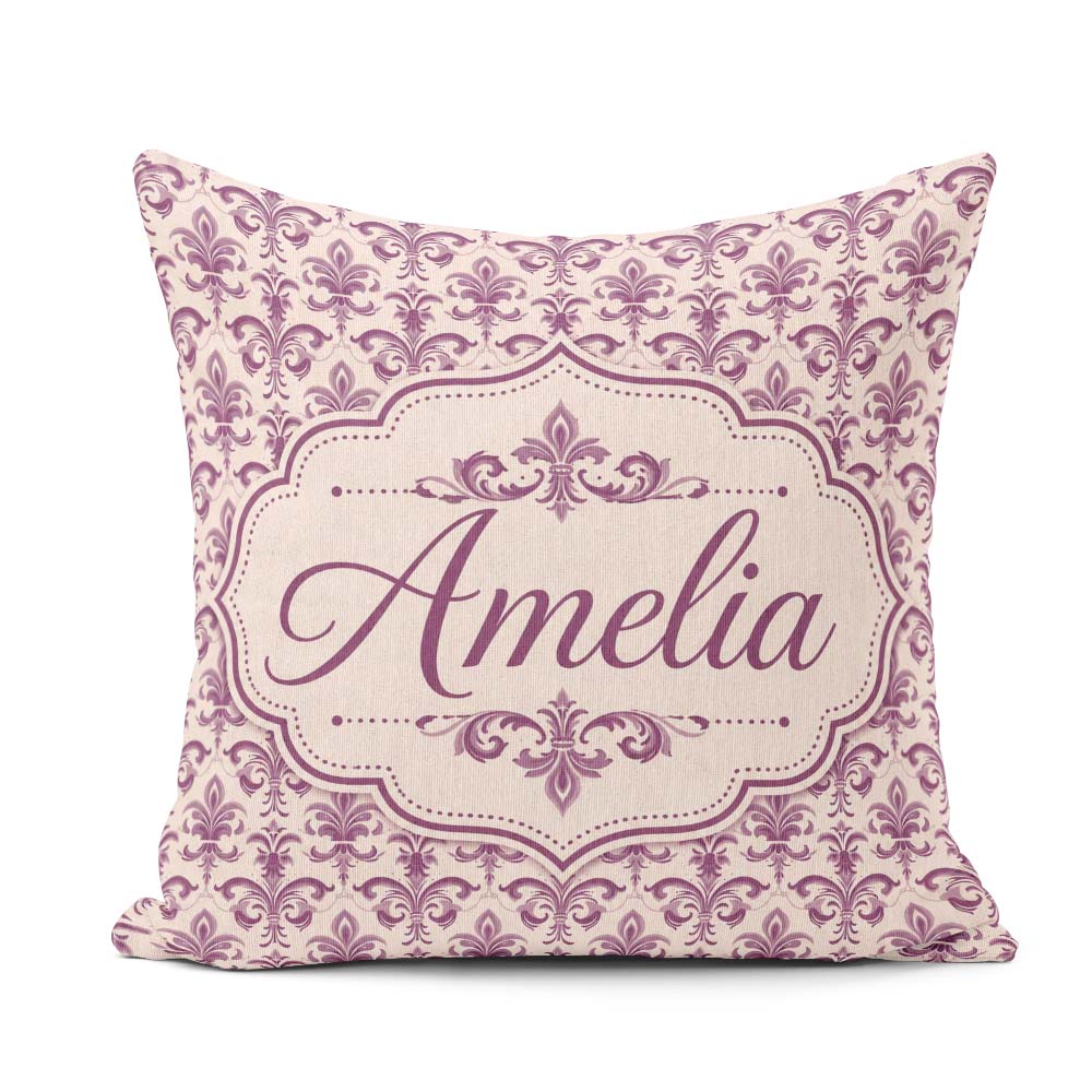 Custom Name Baroque Fleur de Lis Pattern in Deep Plum on Neutral Square Filled Cushion Throw Pillow Sofa Bed Home Decor Zip Washable UK Made