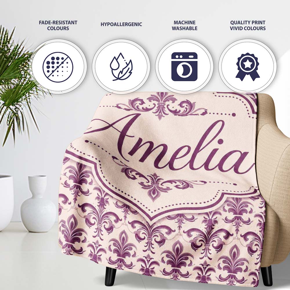 Ornate Baroque Fleur de Lis Pattern in Deep Plum on Neutral Personalised Custom Name Super Soft Fleece Blanket Bed Sofa Throw