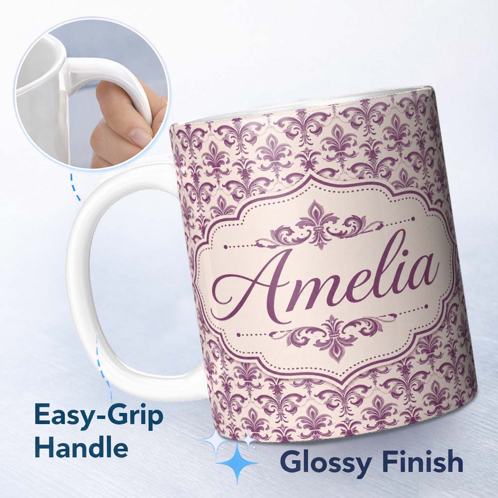 Personalized Custom Name Ornate Baroque Fleur de Lis Pattern in Deep Plum on Neutral 11oz Ceramic Coffee Tea Mug White Large Handle
