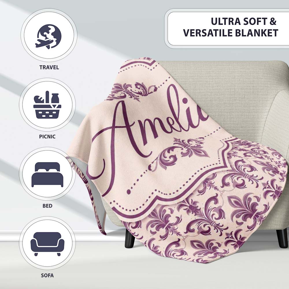 Ornate Baroque Fleur de Lis Pattern in Deep Plum on Neutral Personalised Custom Name Super Soft Fleece Blanket Bed Sofa Throw