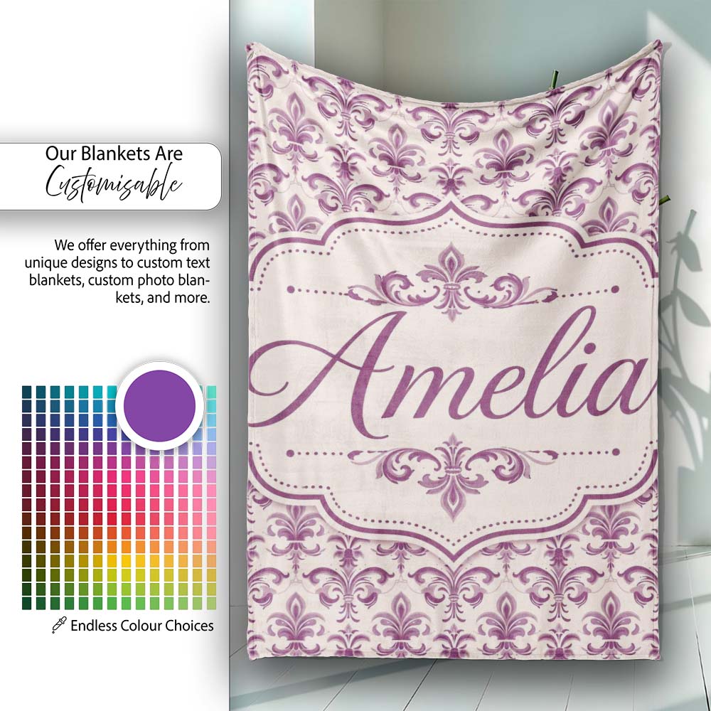 Ornate Baroque Fleur de Lis Pattern in Deep Plum on Neutral Personalised Custom Name Super Soft Fleece Blanket Bed Sofa Throw