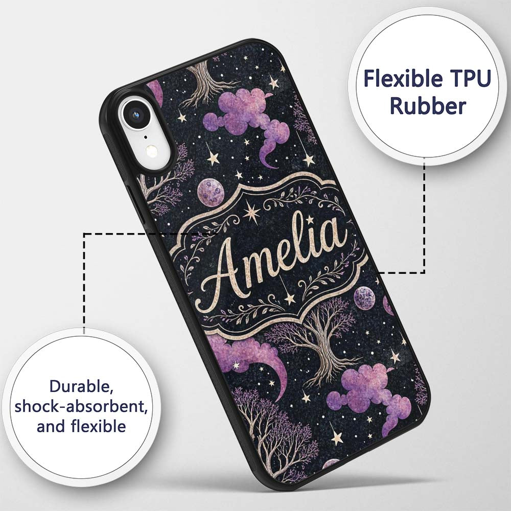 Purple Mystical Trees Moon Stars Night Seamless Custom Name Protective Phone Case Mobile Cover Durable Everyday Smartphone Shock Resistant