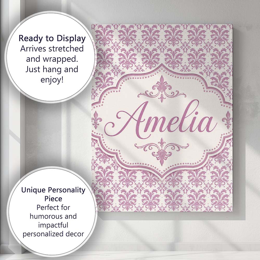 Personalised Name Decorative Damask Fleur Custom Unique Gift Idea Elegant Feature Canvas Wall Art Print Decor Picture Ready to Hang