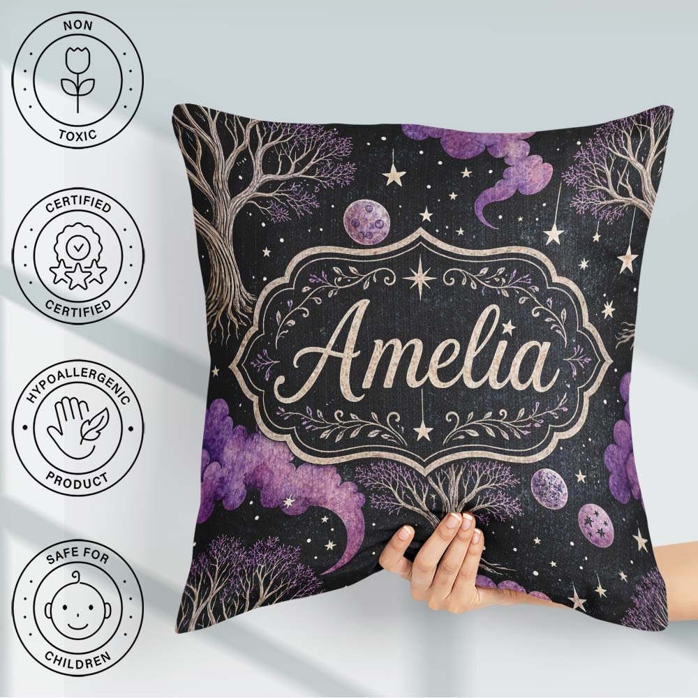 Custom Name Purple Mystical Trees Stars Night Seamless Pattern Square Filled Cushion Throw Pillow Sofa Bed Home Decor Zip Washable UK Made