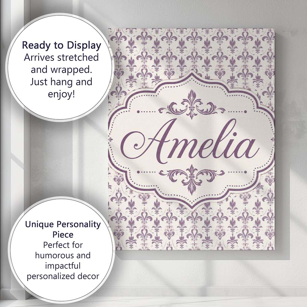 Personalised Name Elegant Purple Fleur de Custom Bespoke Decorative Contemporary Canvas Wall Art Print Decor Picture Ready to Hang