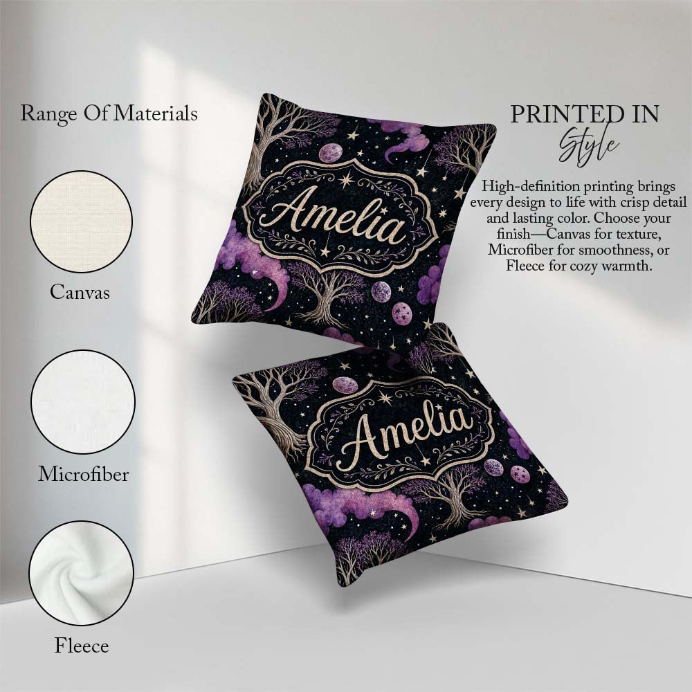 Custom Name Purple Mystical Trees Stars Night Seamless Pattern Square Filled Cushion Throw Pillow Sofa Bed Home Decor Zip Washable UK Made