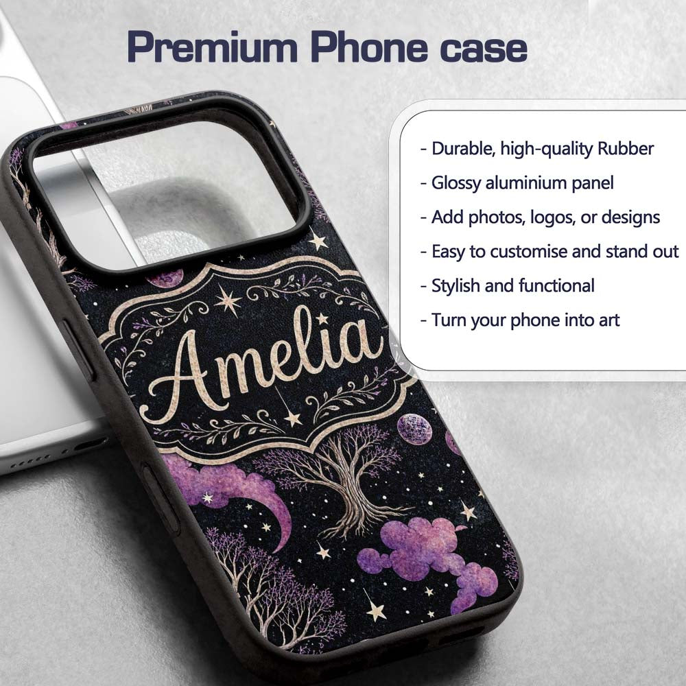 Purple Mystical Trees Moon Stars Night Seamless Custom Name Protective Phone Case Mobile Cover Durable Everyday Smartphone Shock Resistant