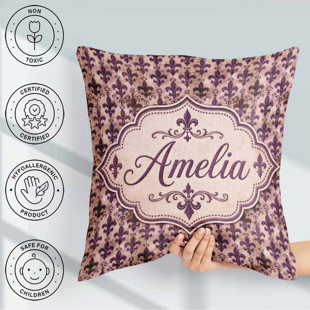 Custom Name Antique Style Fleur de Lis in Deep Purple Distressed Square Filled Cushion Throw Pillow Sofa Bed Home Decor Zip Washable UK Made