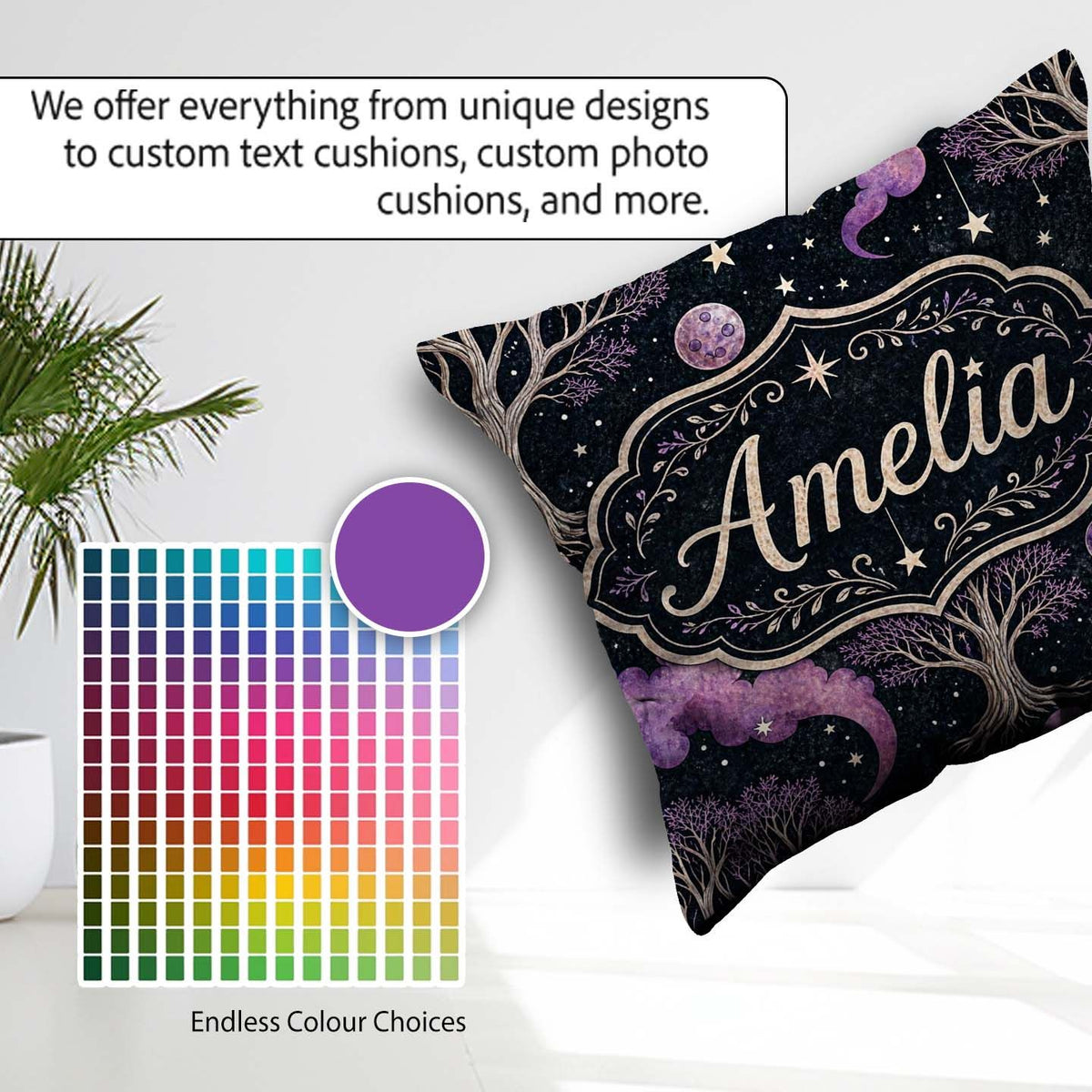 Custom Name Purple Mystical Trees Stars Night Seamless Pattern Square Filled Cushion Throw Pillow Sofa Bed Home Decor Zip Washable UK Made